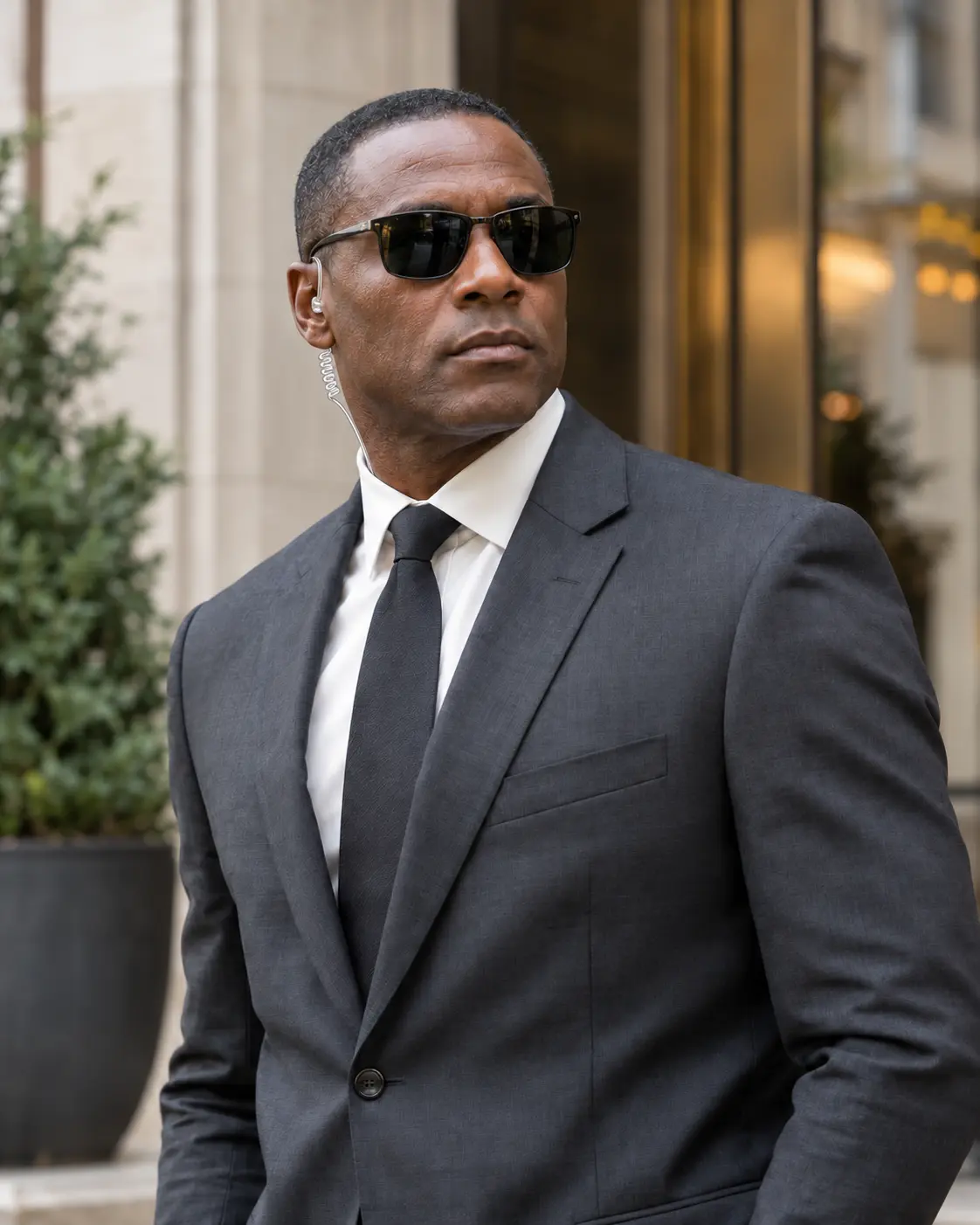Portrait of a protection professional in a dark suit and sunglasses
