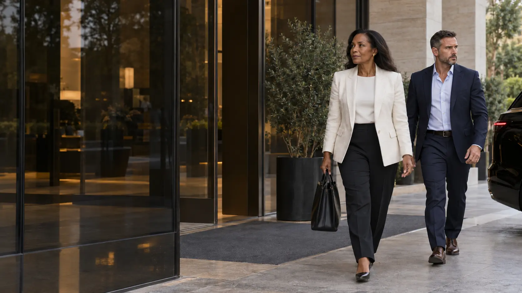 An executive leaves a building accompanied by a suited protection professional
